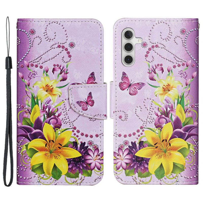 Leren Hoesje Samsung Galaxy A15 5g Gele Bloemen En Vlinders Met Riempje Bescherming Hoesje