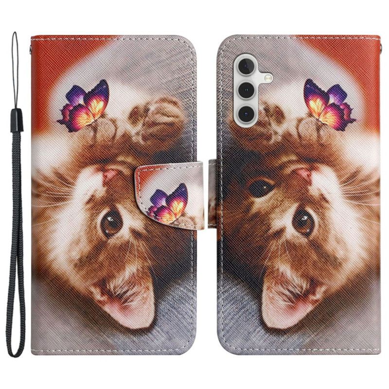 Leren Hoesje Samsung Galaxy A15 5g Vlinder- En Kattenprint Met Riempje