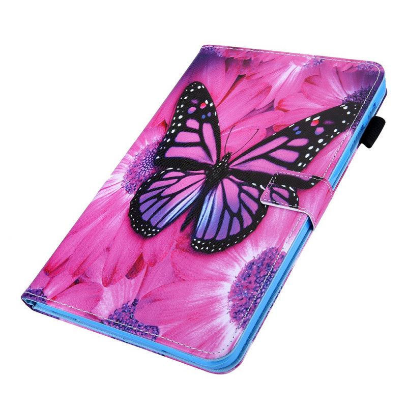 Leren Hoesje voor Samsung Galaxy Tab A7 Donkerblauw Magenta Bloemenvlinder