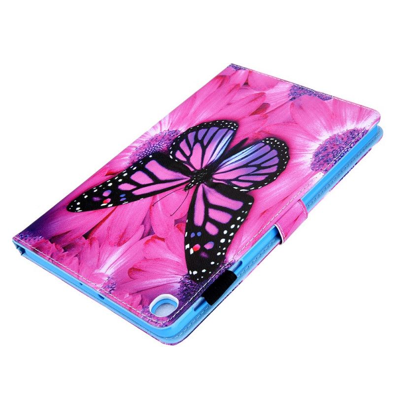 Leren Hoesje voor Samsung Galaxy Tab A7 Donkerblauw Magenta Bloemenvlinder