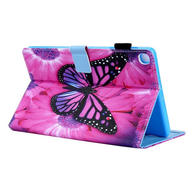 Leren Hoesje voor Samsung Galaxy Tab A7 Donkerblauw Magenta Bloemenvlinder