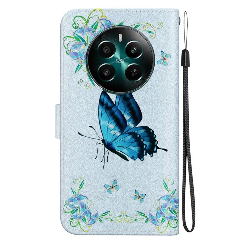 Leren Hoesje Realme 12 Plus 5g Blauwe Vlinder En Bloemen Met Riempje