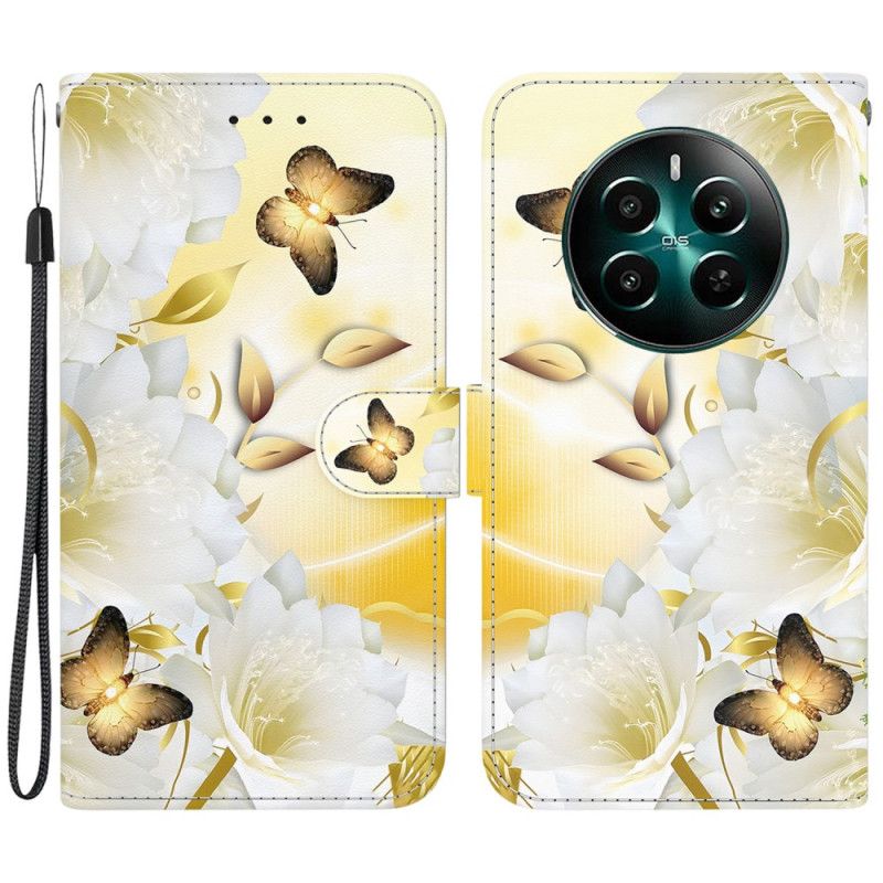 Leren Hoesje Realme 12 Plus 5g Gouden Vlinders En Bloemen Met Riem Bescherming Hoesje