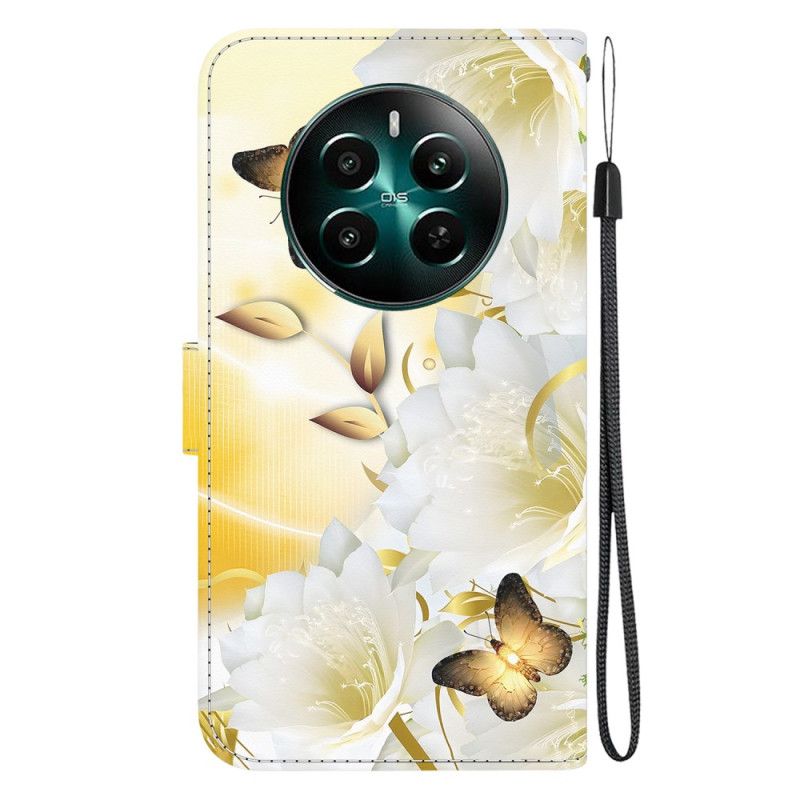 Leren Hoesje Realme 12 Plus 5g Gouden Vlinders En Bloemen Met Riem Bescherming Hoesje