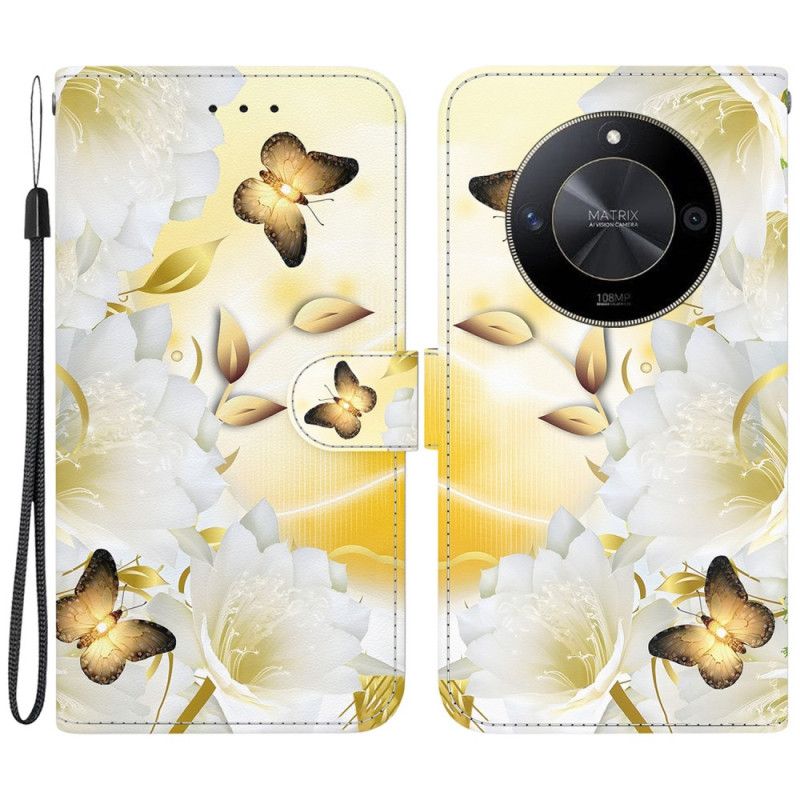 Bescherming Hoesje Honor X9b / Magic 6 Lite Gouden Vlinders En Witte Bloemen Met Riem