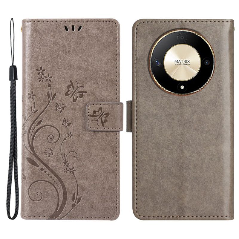 Flip Case Leren Honor X9b / Magic 6 Lite Vlinders- En Bloemenpatroon Met Riem