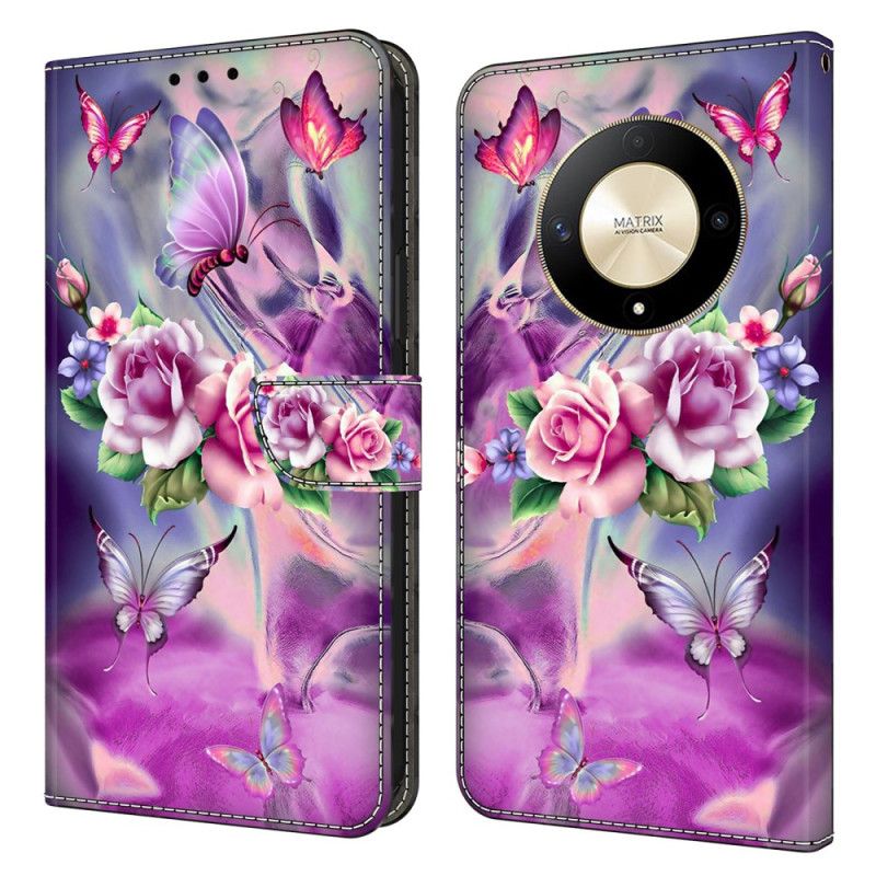 Flip Case Leren Honor X9b / Magic 6 Lite Vlinders En Paarse Bloemen