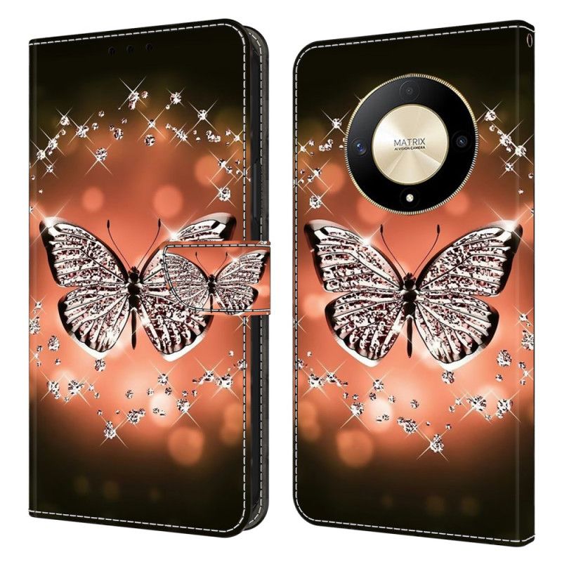 Leren Hoesje Honor X9b / Magic 6 Lite Kristallen Vlinder Bescherming Hoesje