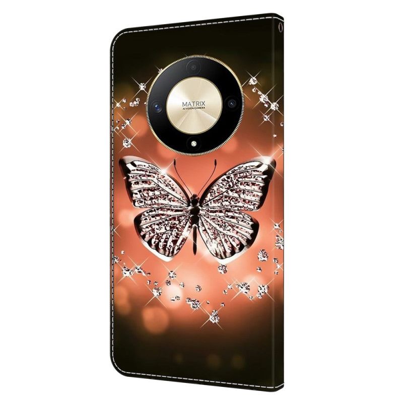 Leren Hoesje Honor X9b / Magic 6 Lite Kristallen Vlinder Bescherming Hoesje