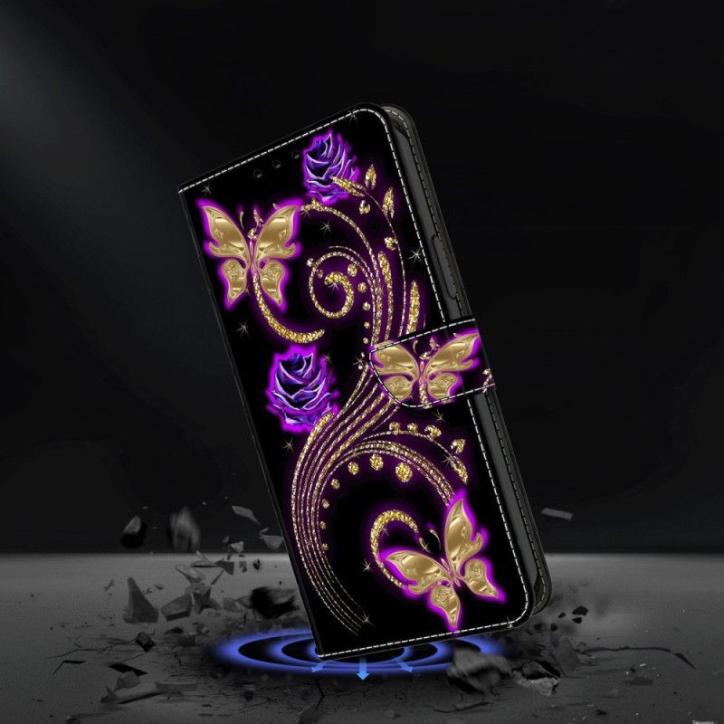 Leren Hoesje Honor X9b / Magic 6 Lite Paarse Bloemen En Vlinders