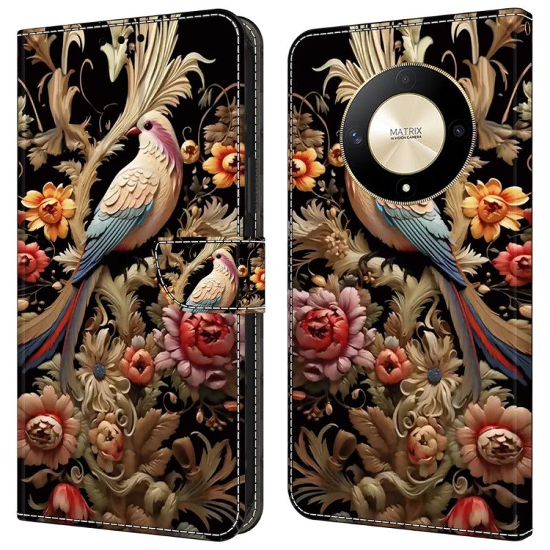 Leren Hoesje Honor X9b / Magic 6 Lite Vintage Bloem En Vogel Bescherming Hoesje