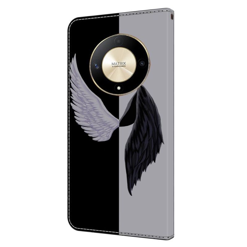 Leren Hoesje Honor X9b / Magic 6 Lite Zwart-witte Vleugels Bescherming Hoesje