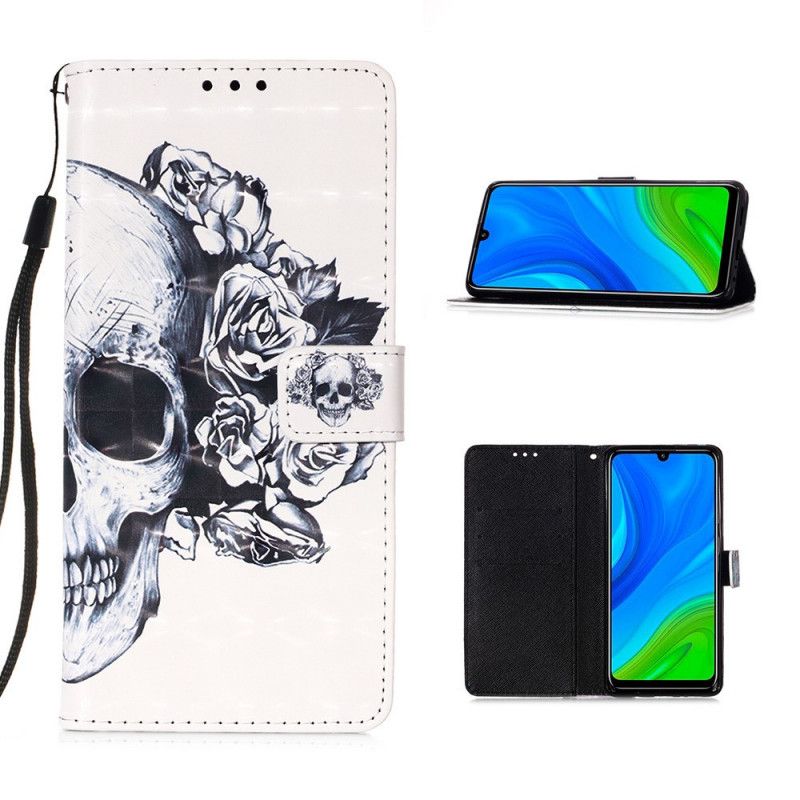 Cover Folio-hoesje Huawei P Smart 2020 Donkerblauw Wit Telefoonhoesje Gebloemde Schedel