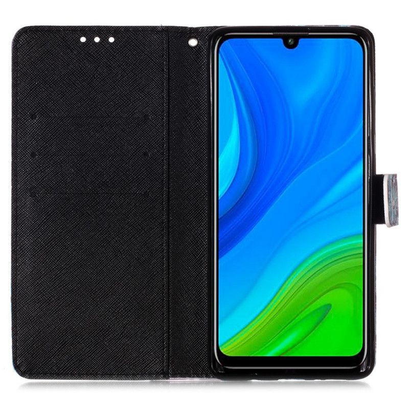 Cover Folio-hoesje Huawei P Smart 2020 Donkerblauw Wit Telefoonhoesje Gebloemde Schedel