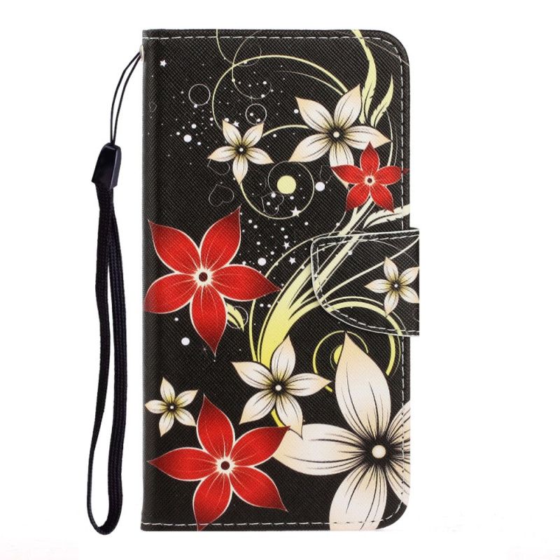 Flip Case Leren Huawei P Smart 2020 Grijs Zwart Kleurrijke Stringbloemen