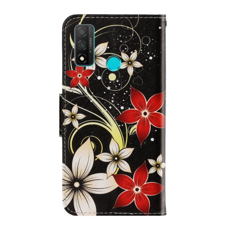 Flip Case Leren Huawei P Smart 2020 Grijs Zwart Kleurrijke Stringbloemen