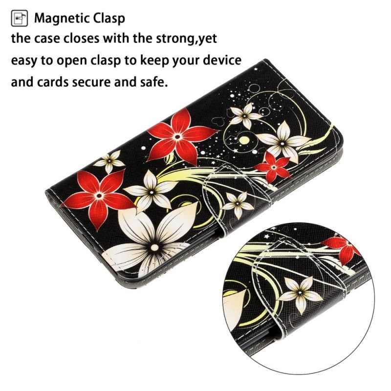 Flip Case Leren Huawei P Smart 2020 Grijs Zwart Kleurrijke Stringbloemen