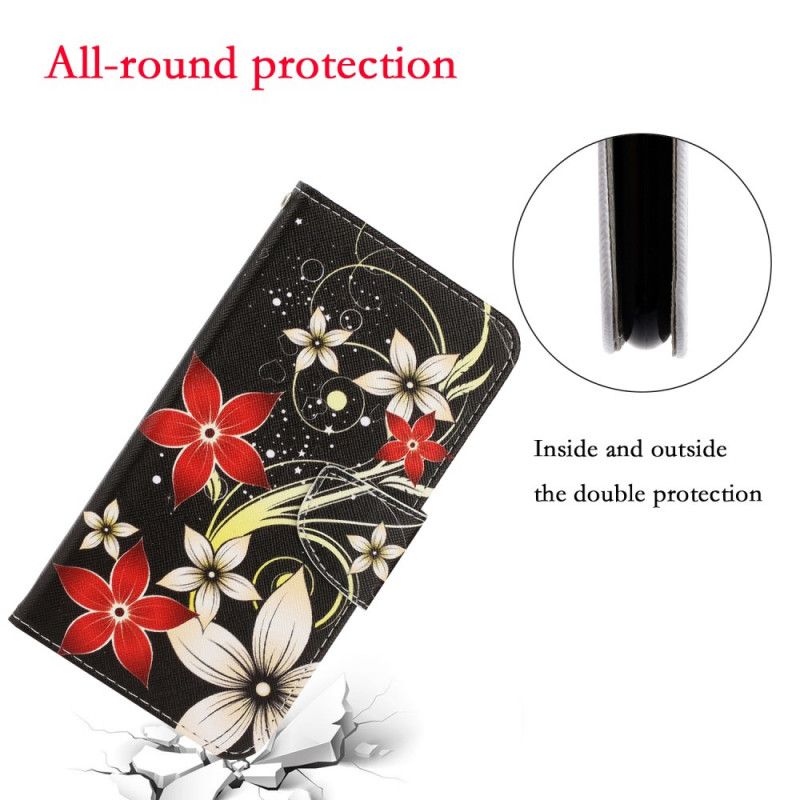 Flip Case Leren Huawei P Smart 2020 Grijs Zwart Kleurrijke Stringbloemen