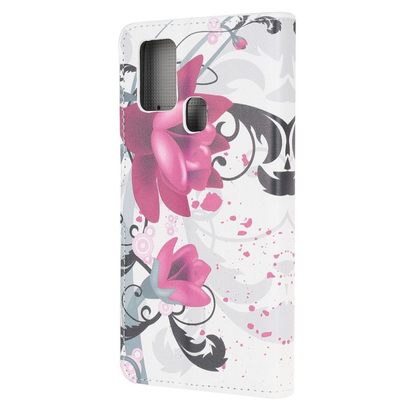 Flip Case Leren Huawei P Smart 2020 Paars Roze Tropische Bloemen