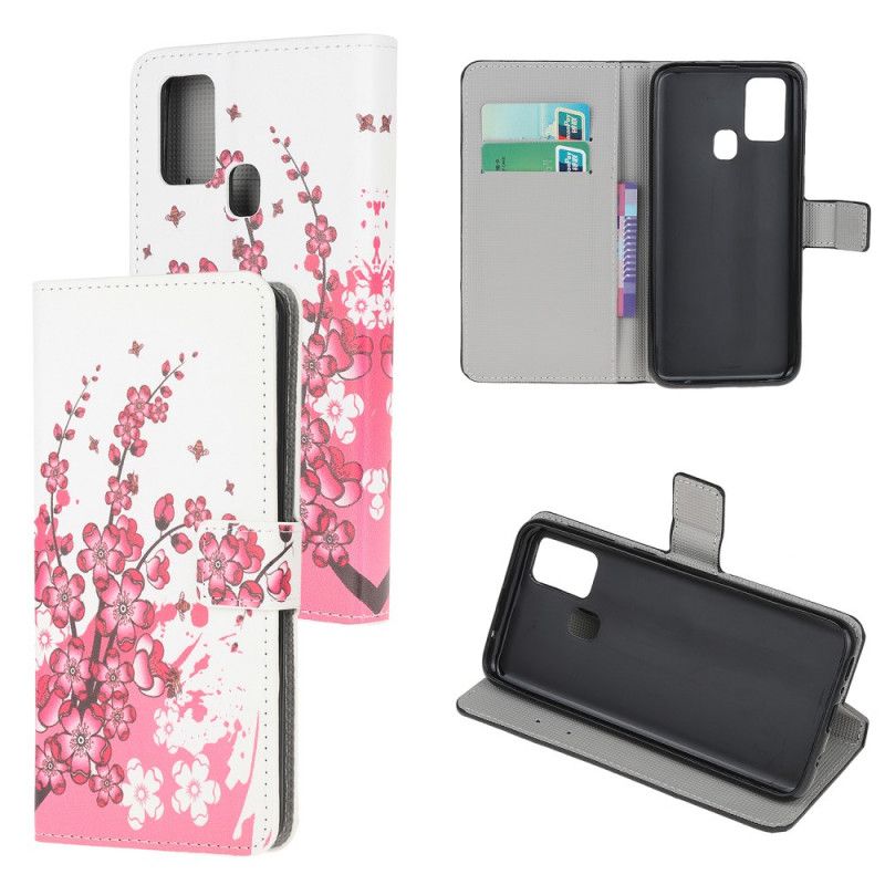 Flip Case Leren Huawei P Smart 2020 Paars Roze Tropische Bloemen