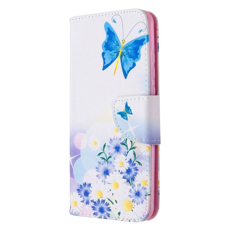 Leren Hoesje Huawei P Smart 2020 Lichtblauw Magenta Telefoonhoesje Geschilderde Vlinders En Bloemen