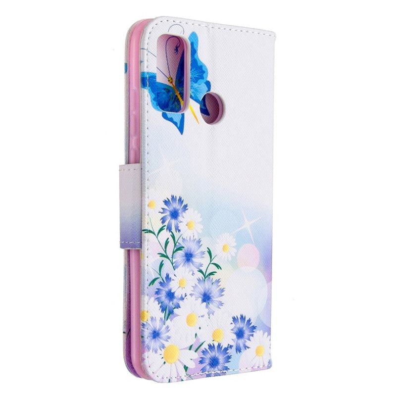 Leren Hoesje Huawei P Smart 2020 Lichtblauw Magenta Telefoonhoesje Geschilderde Vlinders En Bloemen