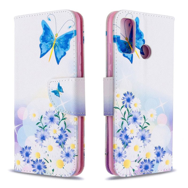 Leren Hoesje Huawei P Smart 2020 Lichtblauw Magenta Telefoonhoesje Geschilderde Vlinders En Bloemen