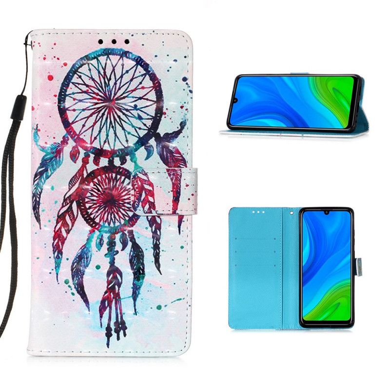 Leren Hoesje voor Huawei P Smart 2020 Lichtblauw Rood Aquarel Dromenvanger