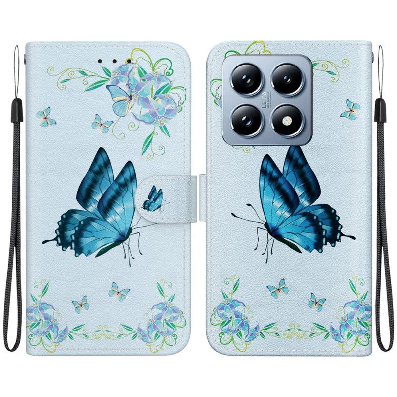 Flip Case Leren Xiaomi 14t Blauwe Vlinder En Bloemen