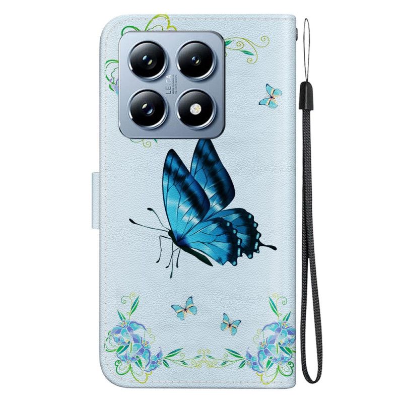 Flip Case Leren Xiaomi 14t Blauwe Vlinder En Bloemen