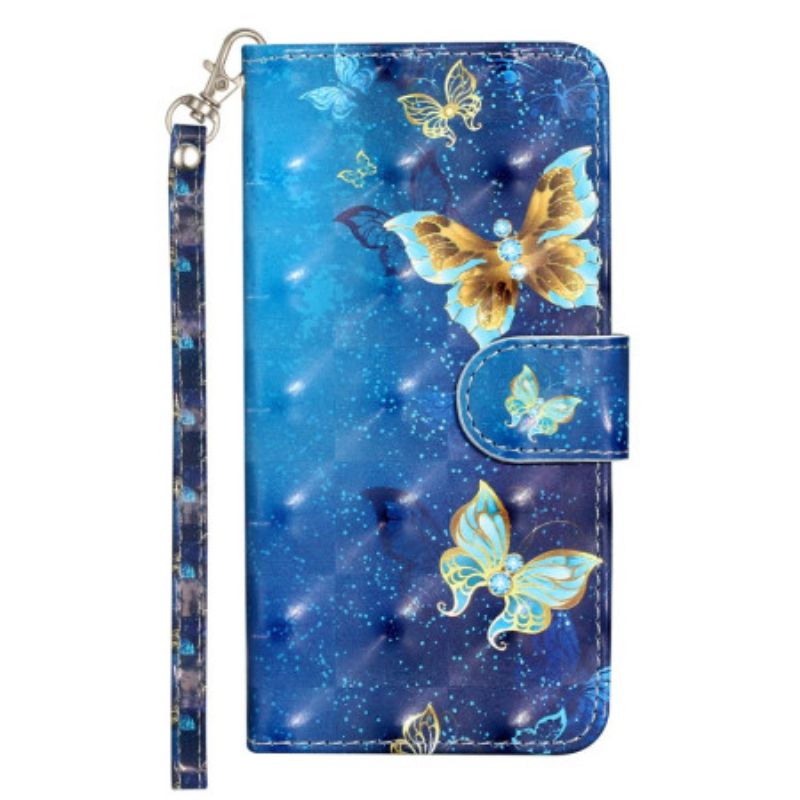 Leren Hoesje Voor Xiaomi 14t Blauwe En Gouden Vlinders Met Riem