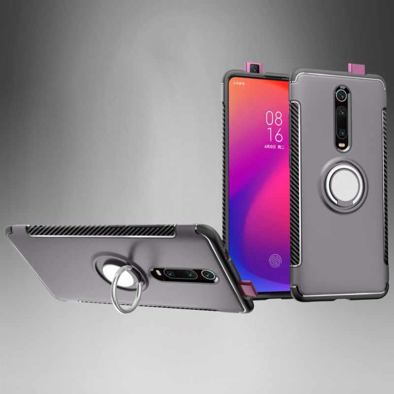 Hoesje Xiaomi Mi 9T / Mi 9T Pro Rood Zwart Magnetische Ring Van Koolstofvezel