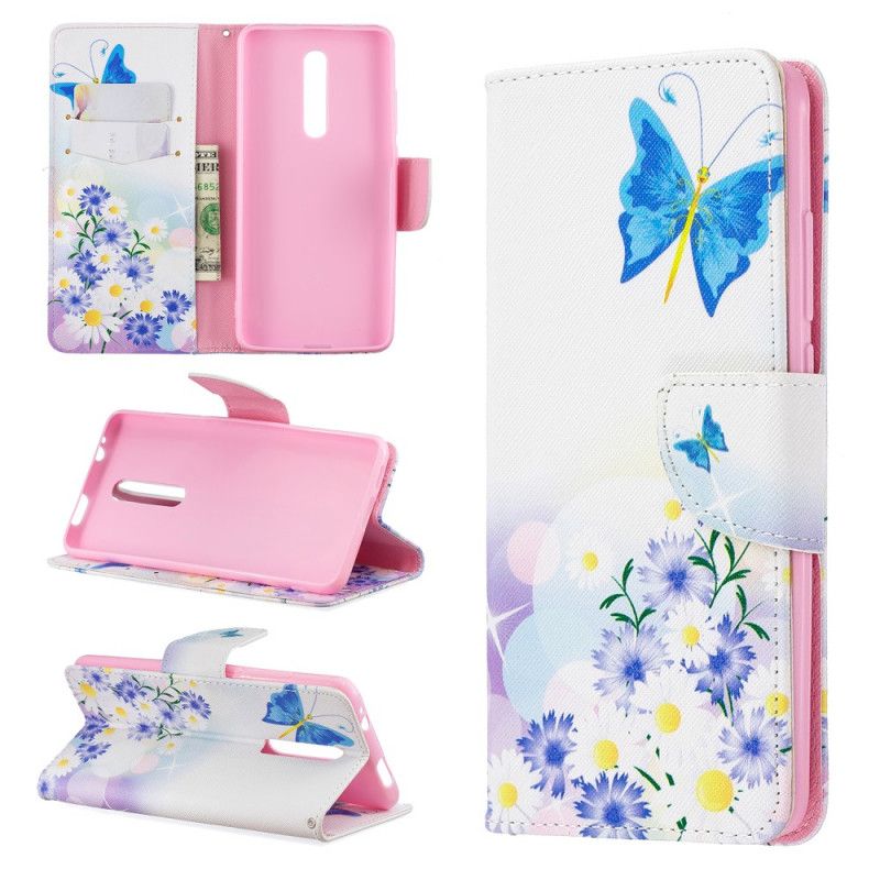 Leren Hoesje voor Xiaomi Mi 9T / Mi 9T Pro Lichtblauw Geschilderde Vlinders En Bloemen