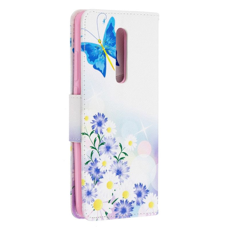 Leren Hoesje voor Xiaomi Mi 9T / Mi 9T Pro Lichtblauw Geschilderde Vlinders En Bloemen