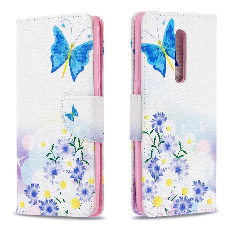 Leren Hoesje voor Xiaomi Mi 9T / Mi 9T Pro Lichtblauw Geschilderde Vlinders En Bloemen