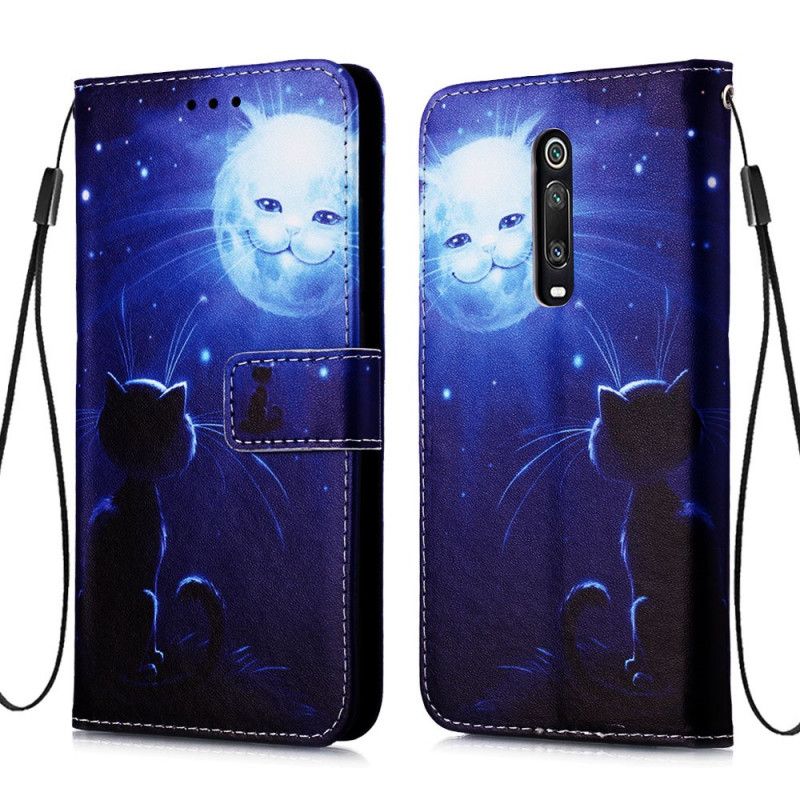 Leren Hoesje voor Xiaomi Mi 9T / Mi 9T Pro Maanverlichte Kat Met String