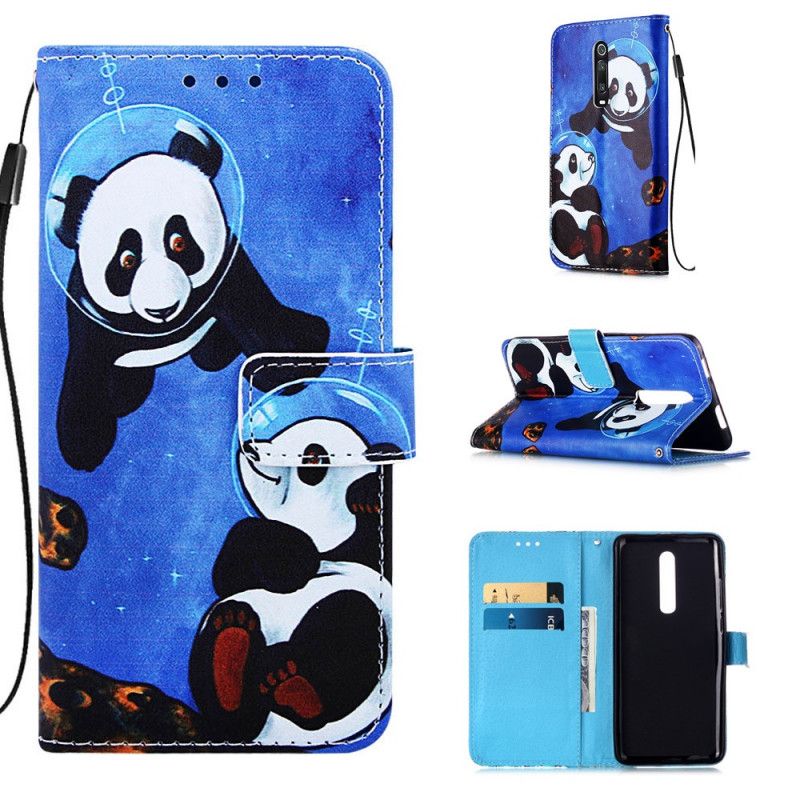 Leren Hoesje voor Xiaomi Mi 9T / Mi 9T Pro Panda'S Kosmonauten Met String