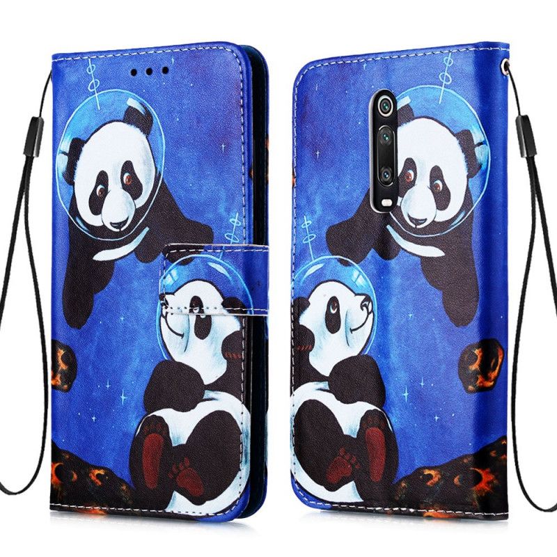 Leren Hoesje voor Xiaomi Mi 9T / Mi 9T Pro Panda'S Kosmonauten Met String