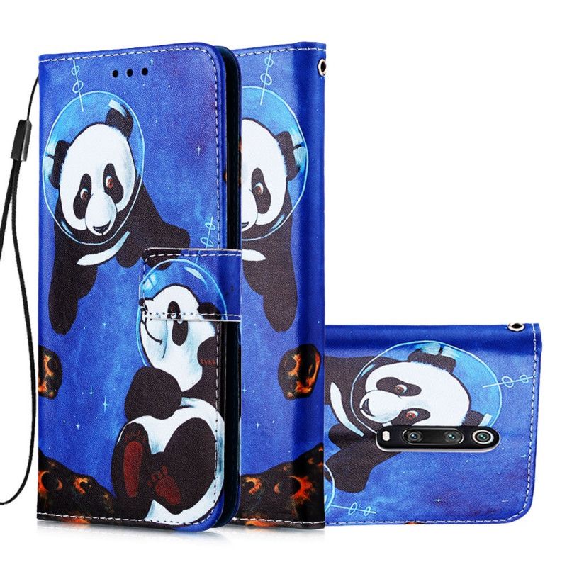 Leren Hoesje voor Xiaomi Mi 9T / Mi 9T Pro Panda'S Kosmonauten Met String