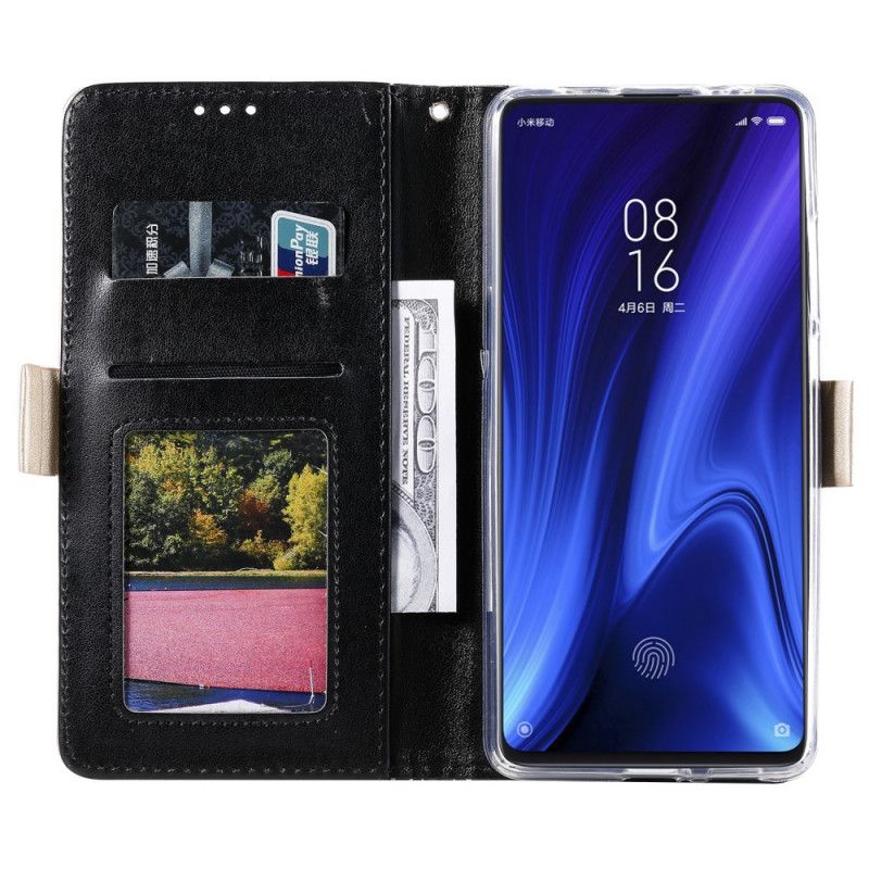 Leren Hoesje Xiaomi Mi 9T / Mi 9T Pro Magenta Zwart Portemonnee Van Kant