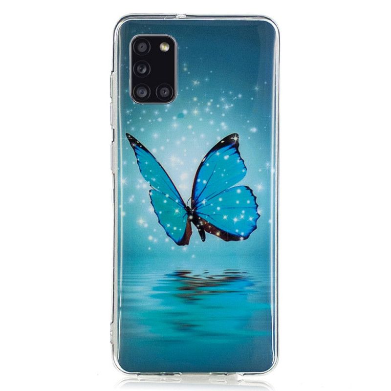 Cover Hoesje Samsung Galaxy A31 Telefoonhoesje Fluorescerende Blauwe Vlinder