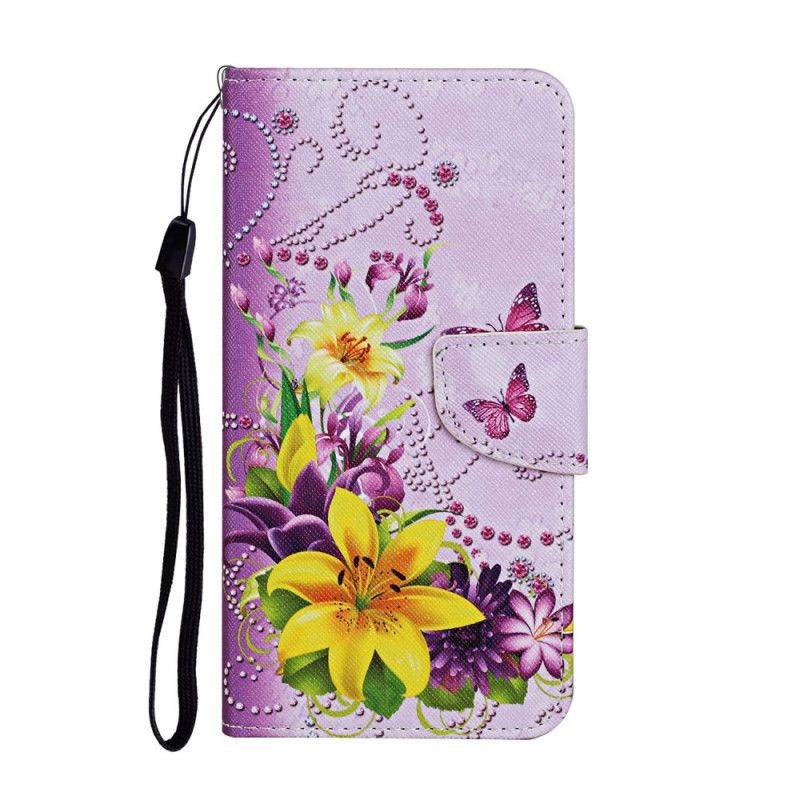 Flip Case Leren Samsung Galaxy A31 Lichtblauw Magenta Meesterlijke Bloemen Met String