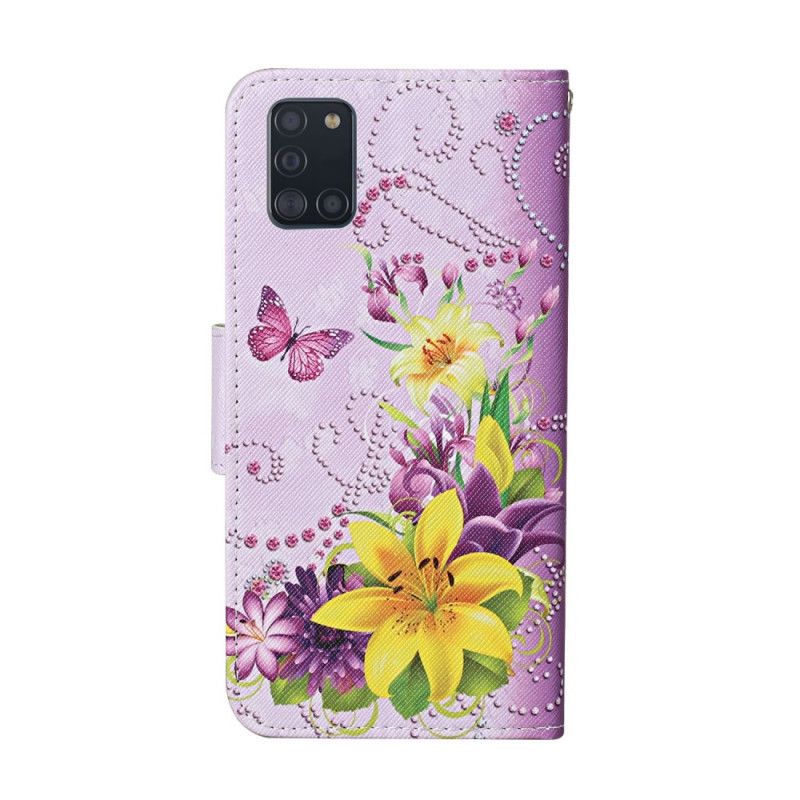 Flip Case Leren Samsung Galaxy A31 Lichtblauw Magenta Meesterlijke Bloemen Met String