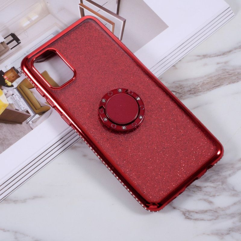 Hoesje Samsung Galaxy A31 Zilver Rood Ring-Steun Met Pailletten En Diamanten