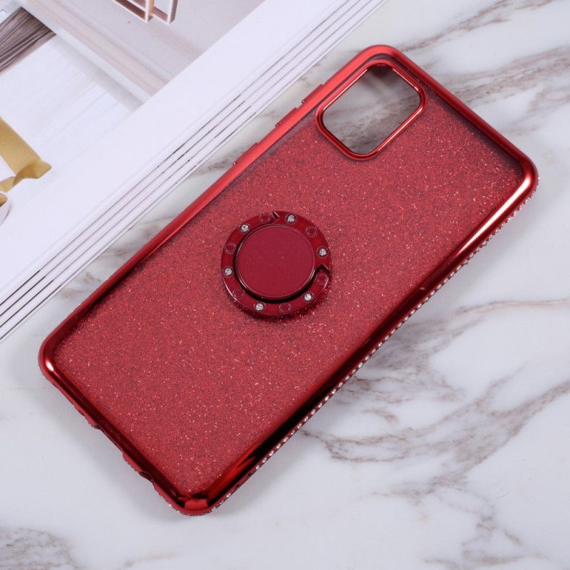 Hoesje Samsung Galaxy A31 Zilver Rood Ring-Steun Met Pailletten En Diamanten