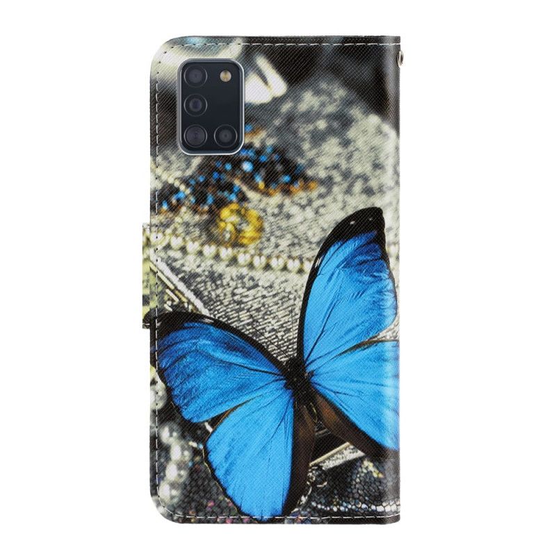 Leren Hoesje Samsung Galaxy A31 Donkerblauw Zwart Vlindervariaties Met String