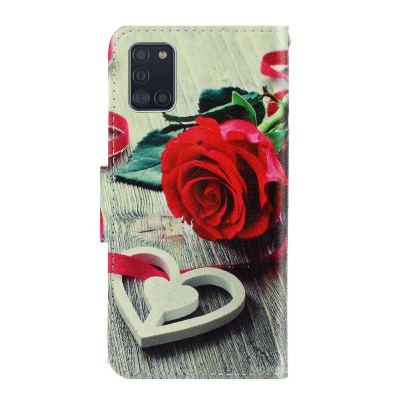 Leren Hoesje Samsung Galaxy A31 Grijs Zwart Kleurrijke Bloemen Met String