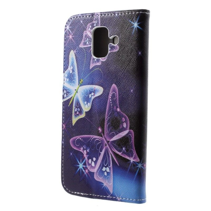 Leren Hoesje Samsung Galaxy A6 Paars Lichtblauw Telefoonhoesje Vlinders
