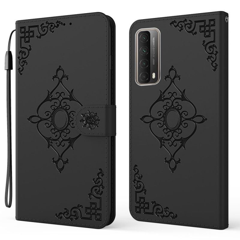 Cover Folio-hoesje Huawei P Smart 2021 Rood Zwart Telefoonhoesje Barokke Bloem Met Riempje