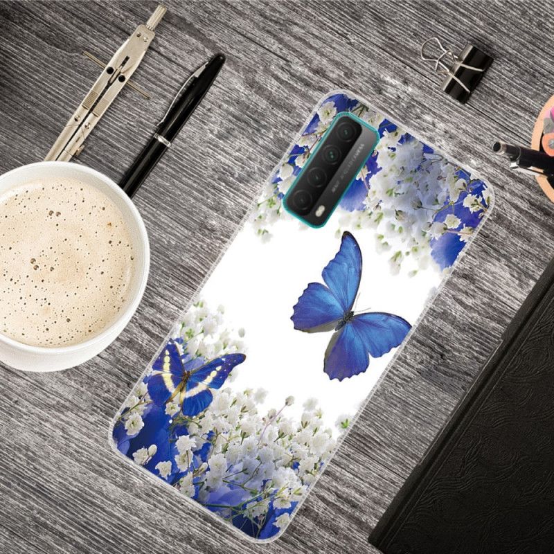 Cover Hoesje Huawei P Smart 2021 Goud Donkerblauw Telefoonhoesje Vlinders